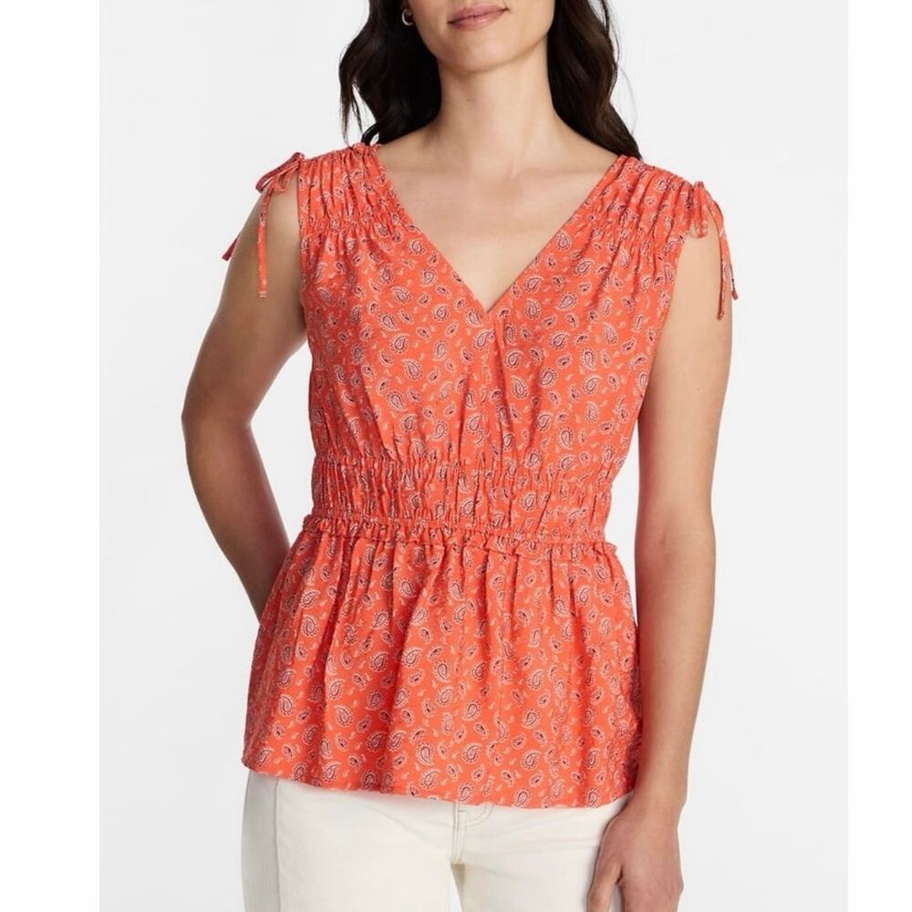 Time and Tru Orange Paisley Ruched Smocked Waist Peplum Top Shirt XXL